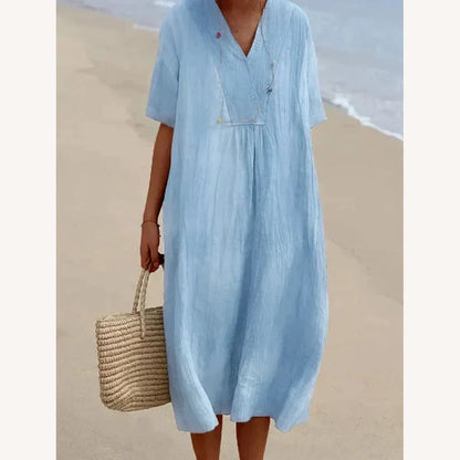 Women's Long Summer Dress in Linen and Cotton - Casual Chic Elegance for Summer Days