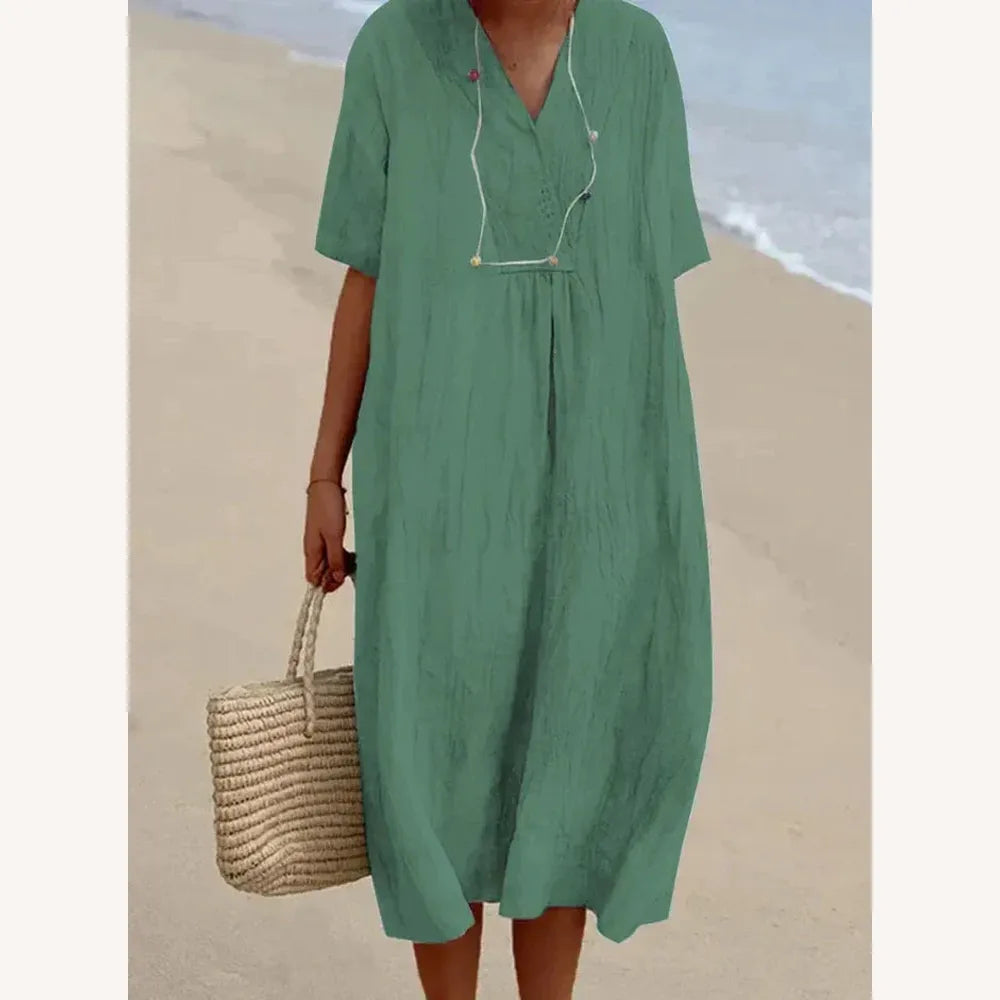 Women's Long Summer Dress in Linen and Cotton - Casual Chic Elegance for Summer Days