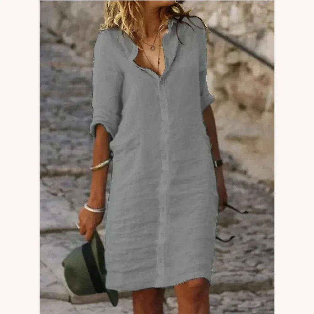 Robe Longue Femme en Coton Unie avec Boutons à Revers et Demi-Manches – Élégance et Confort pour Toutes Occasions