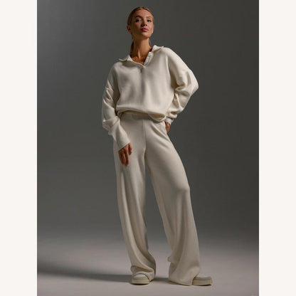 Knitted Lounge Set in Acrylic with Oversized Polo Collar Sweater and Loose Pants – Comfort and Elegance for Women