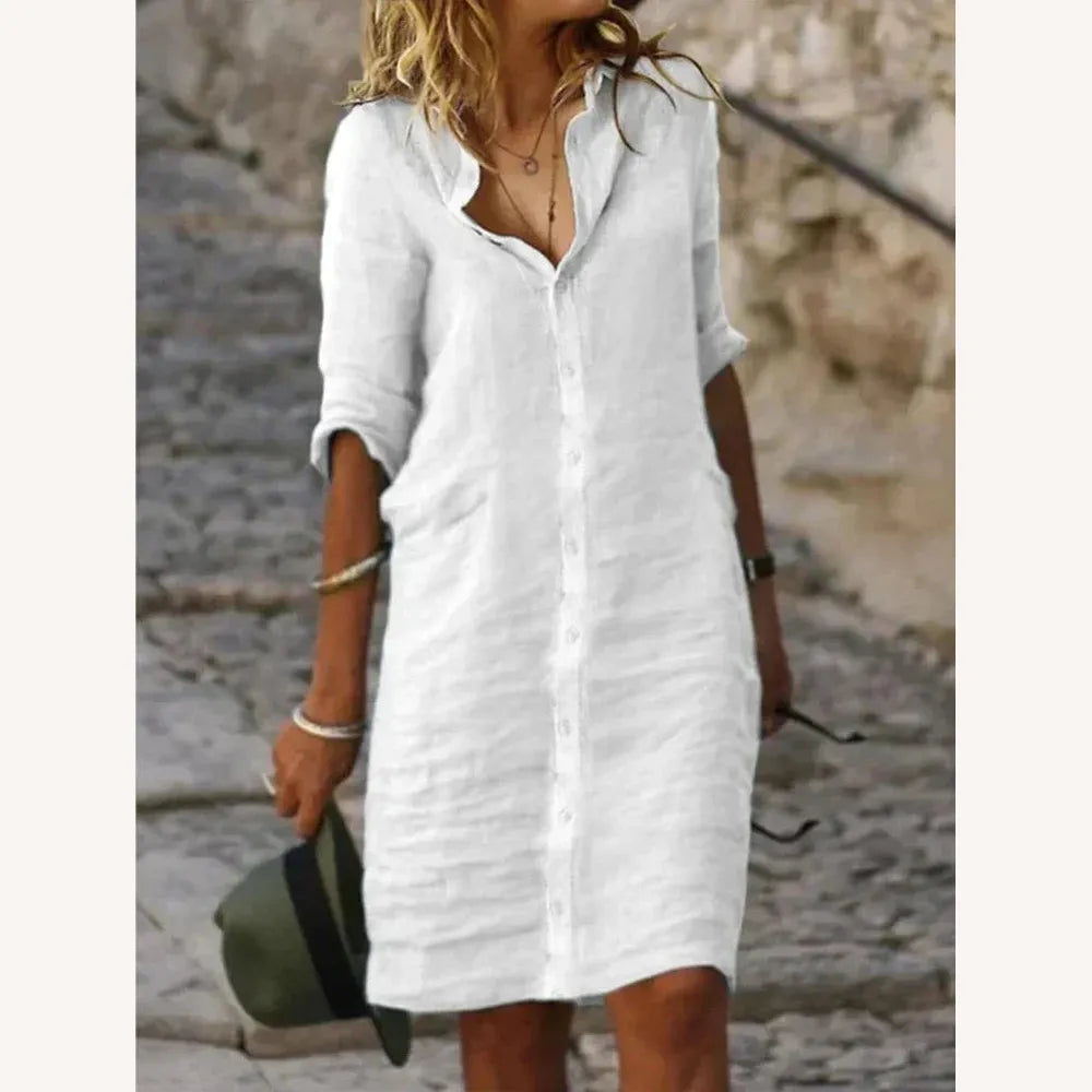 Robe Longue Femme en Coton Unie avec Boutons à Revers et Demi-Manches – Élégance et Confort pour Toutes Occasions