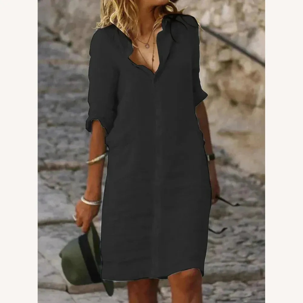Robe Longue Femme en Coton Unie avec Boutons à Revers et Demi-Manches – Élégance et Confort pour Toutes Occasions