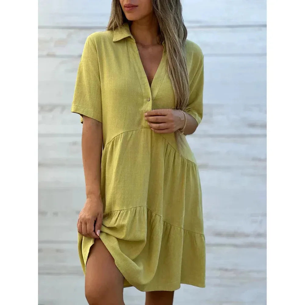 Robe d'Été Femme Chic avec Décolleté en V et Boutons – Robe Longue Légère pour l'Été