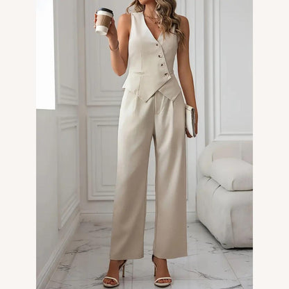Chic Women's Sleeveless Apricot Jumpsuit with Wide Pants and Asymmetric Detail – Ideal for Wedding and Elegant Events