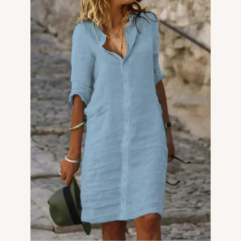 Robe Longue Femme en Coton Unie avec Boutons à Revers et Demi-Manches – Élégance et Confort pour Toutes Occasions