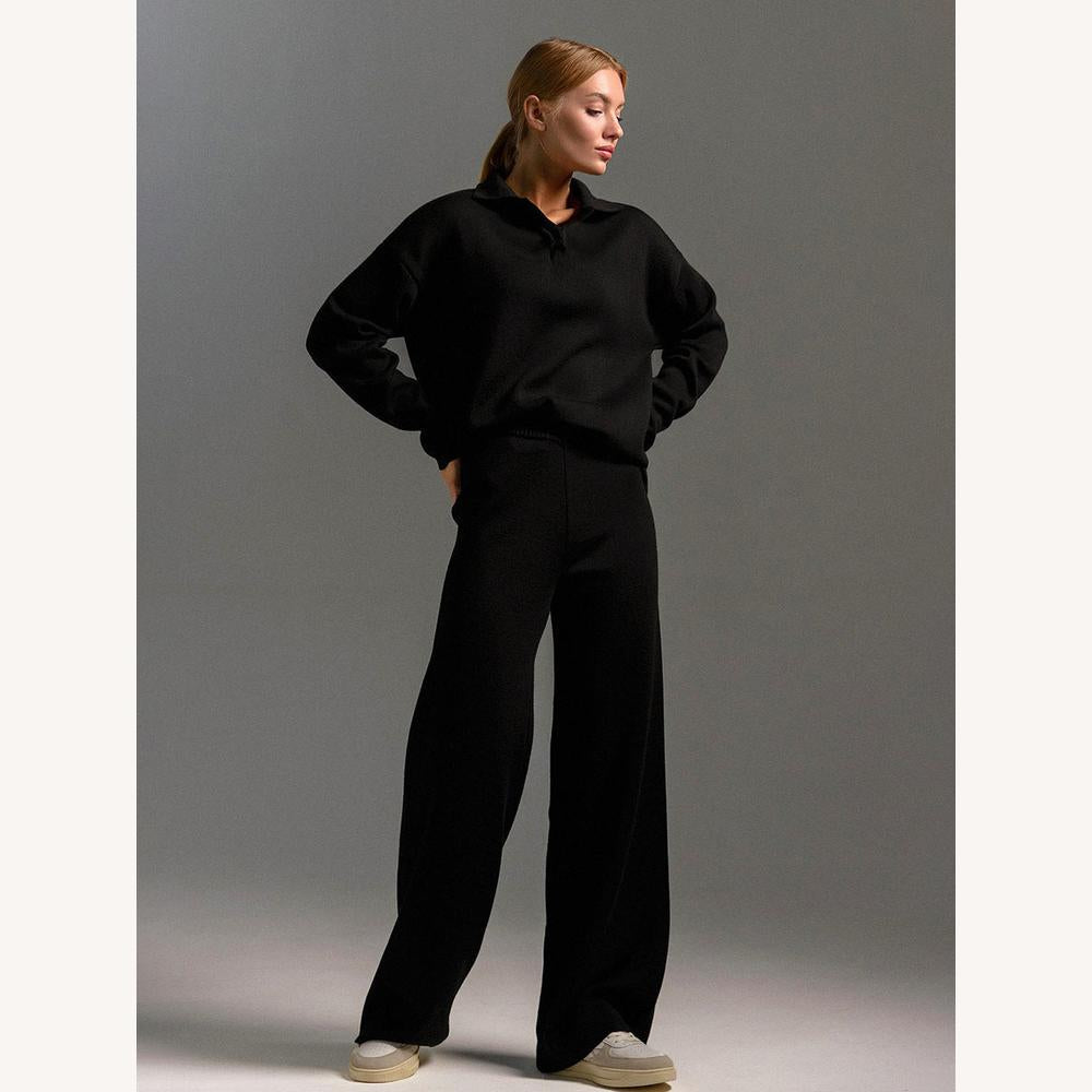 Variant image for Ensemble Tailleur Femme Chic en Acrylique – Haut Col Polo Oversize et Pantalon Ample, Confort Élégant pour Automne et Hiver-2