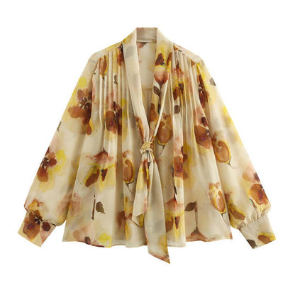 Women's Floral Chiffon Blouse with Bow - Chic and Elegant, Puff Sleeves, Ideal for Office and Brunch
