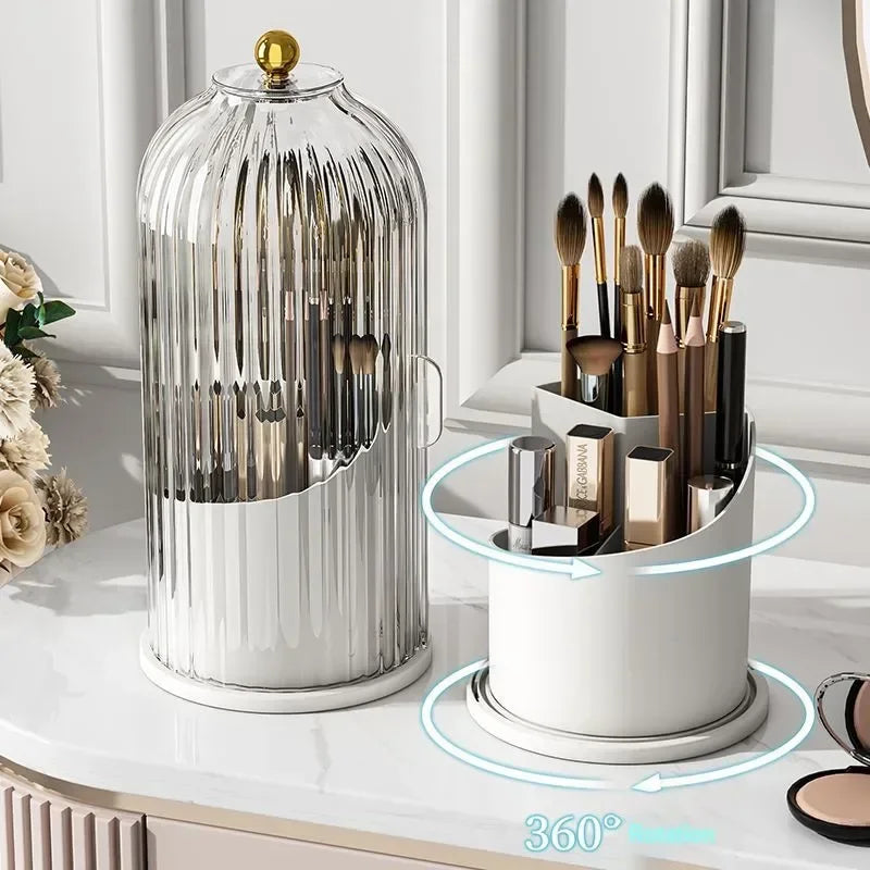 Transparent Rotating Cosmetic Organizer with Dustproof Lid for Brushes and Lipsticks