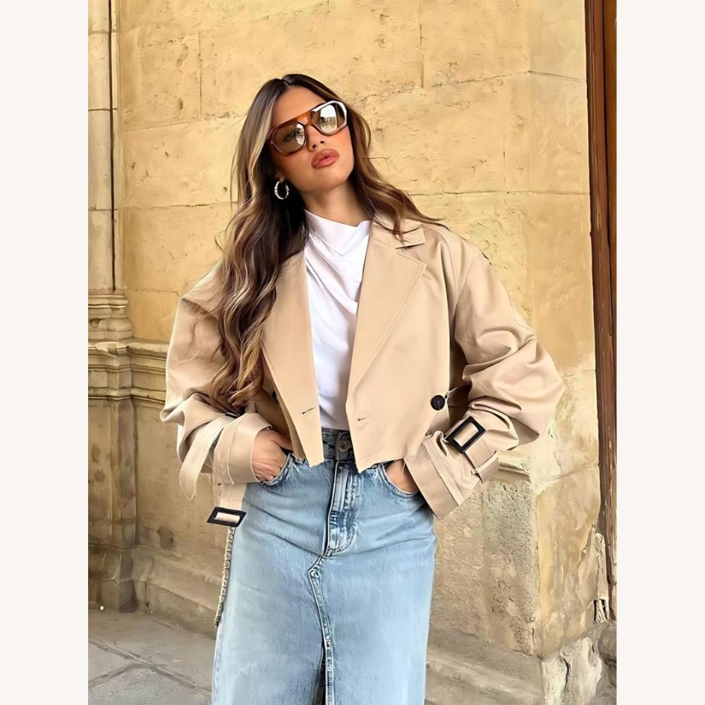 Trench Court Femme Élégant en Mélange de Polyester et Coton – Chic et Moderne, Design Tendance avec Ceinture
