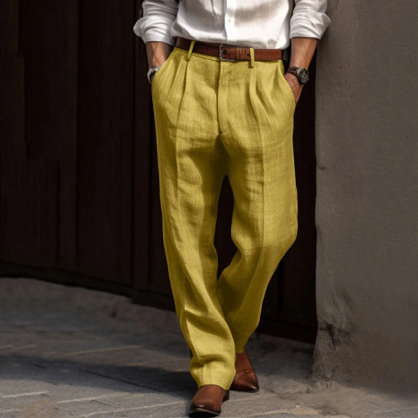 Pleated Cotton and Linen Pants for Men – Straight Leg Office Pants