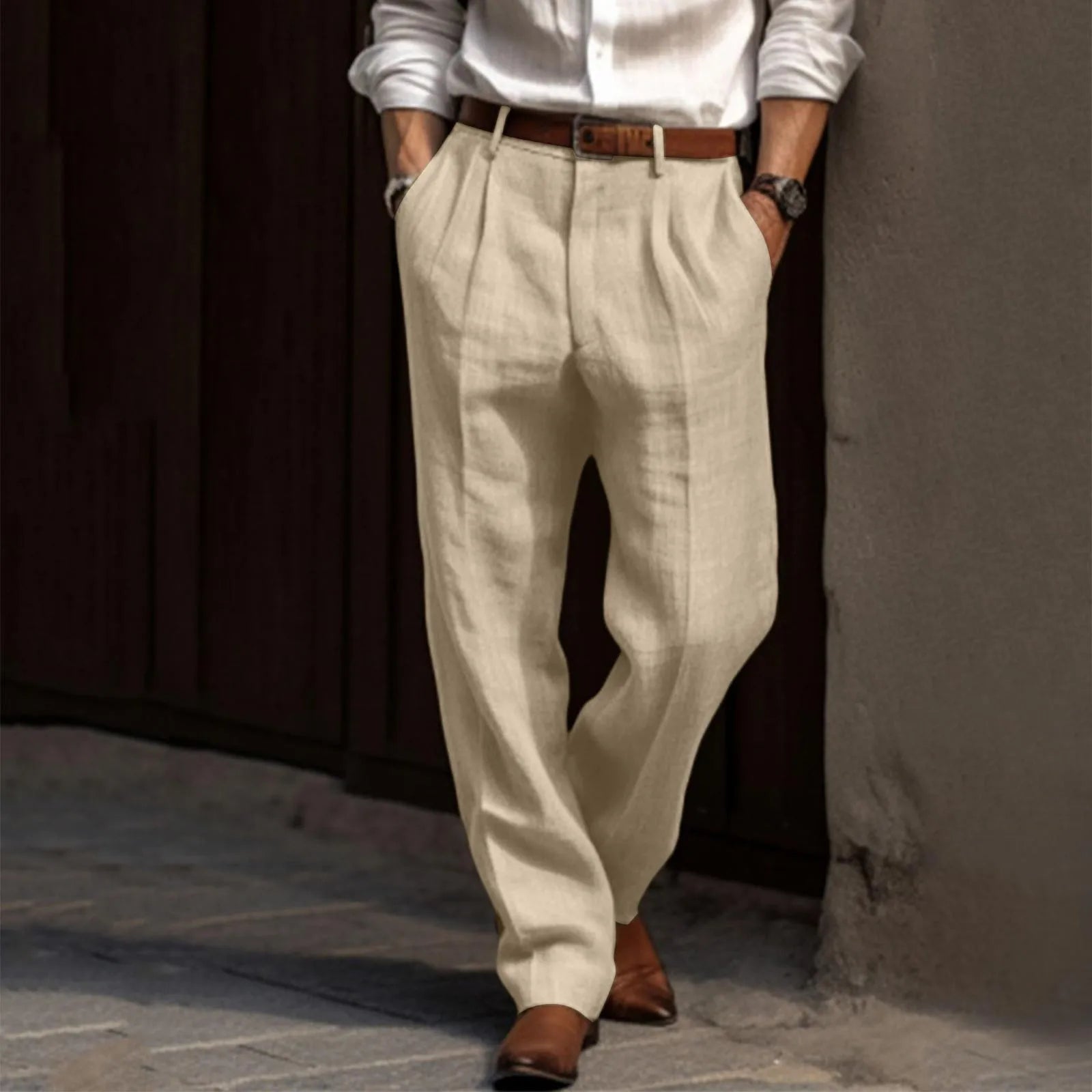 Pants Pleated Cotton and Linen for Men – Straight Leg Office Pants