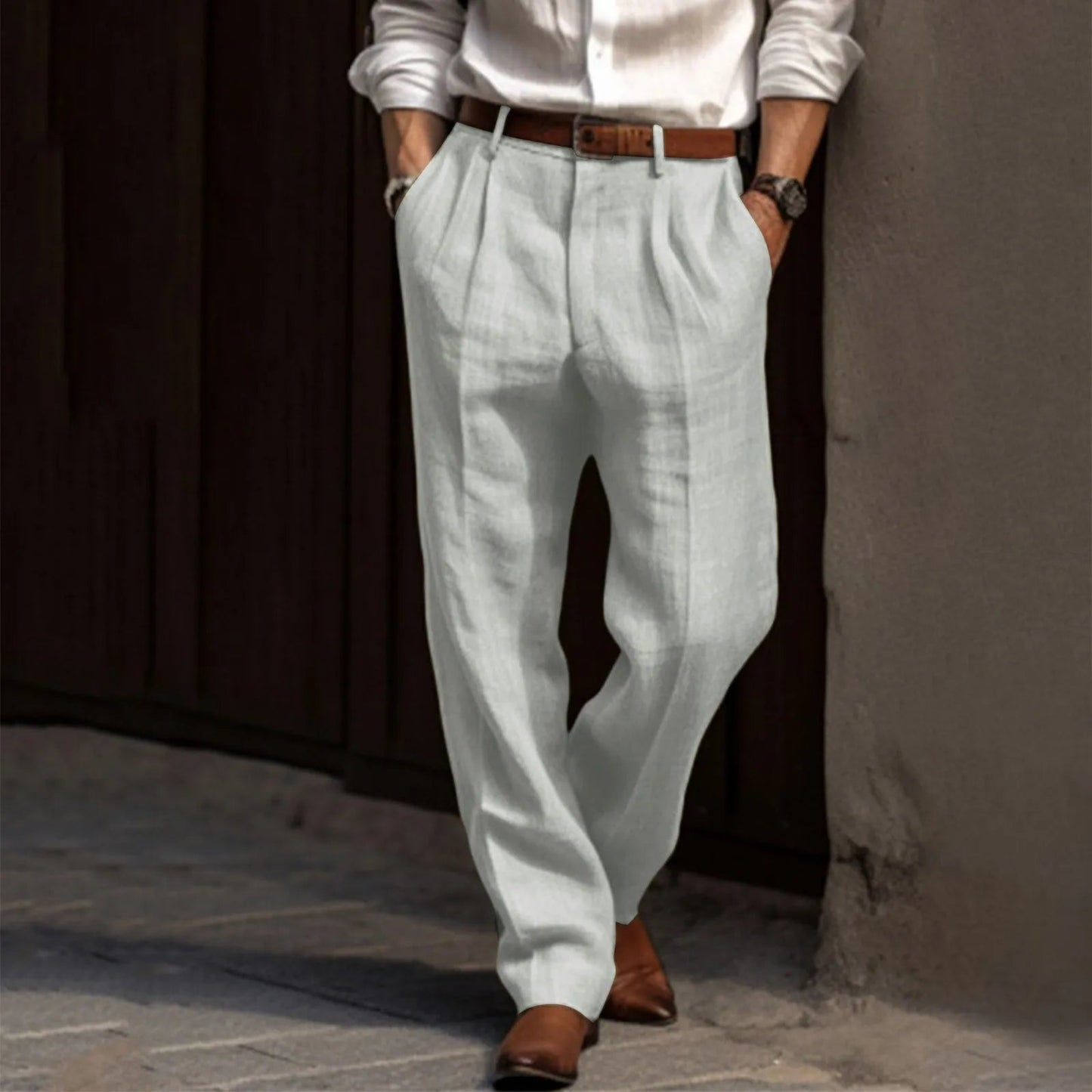 Pleated Cotton and Linen Pants for Men – Straight Leg Office Pants