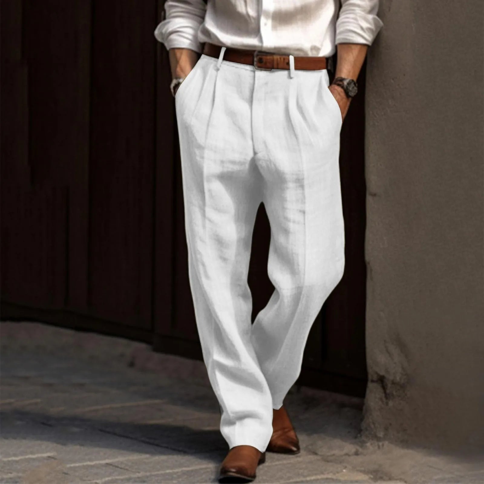 Pants Pleated Cotton and Linen for Men – Straight Leg Office Pants
