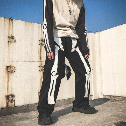 Unisex Y2K Pants with Skeleton Patterns and Practical Pockets - Cotton-Polyester Blend