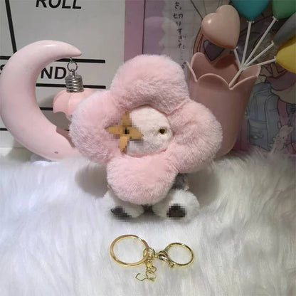 Plush Sunflower Pendant with Pink Petals for Handbags and Keys – Soft and Trendy Accessory