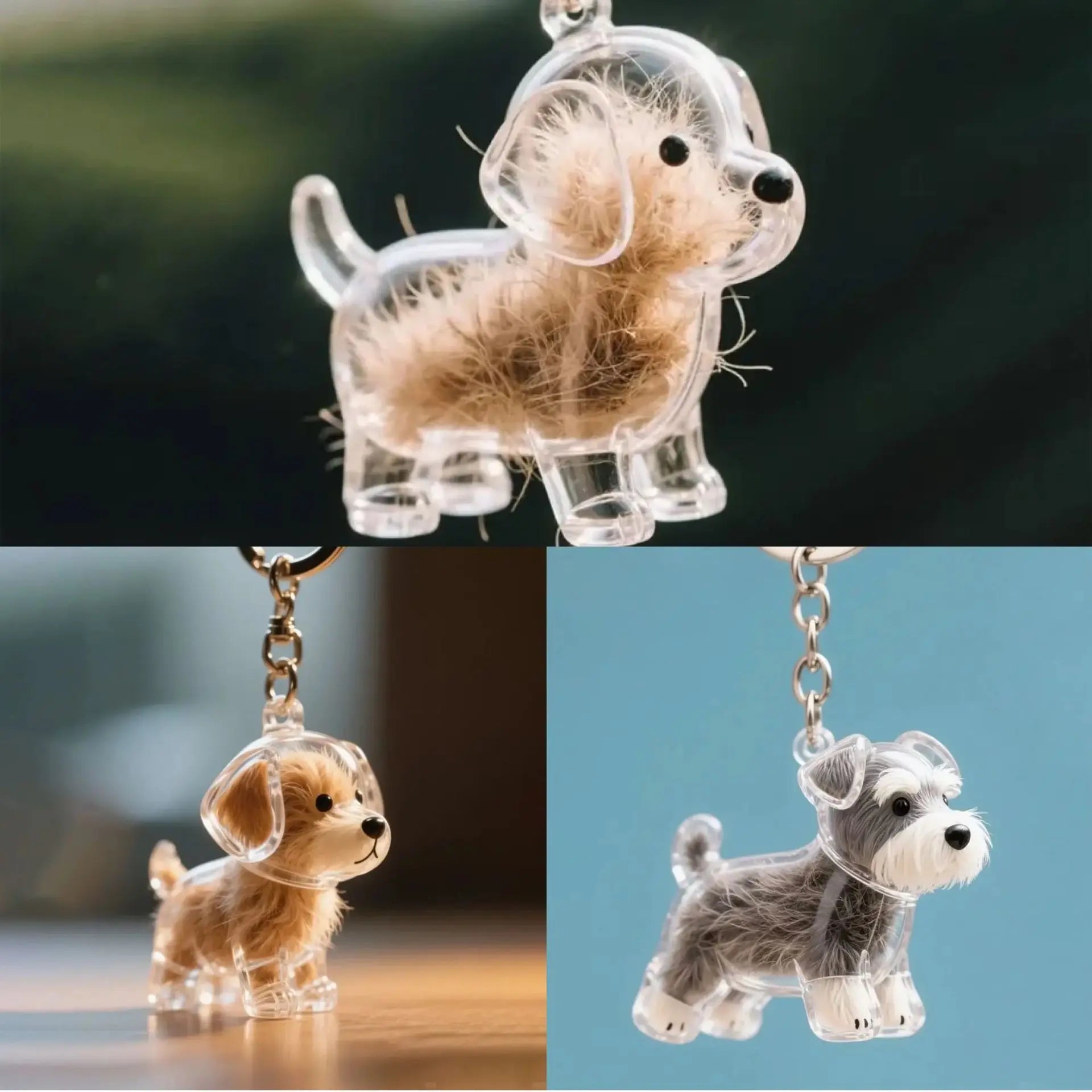 Pendentif en Résine Transparent avec Poils de Chien – Porte-clés et Charme de Sac Élégant et Compact