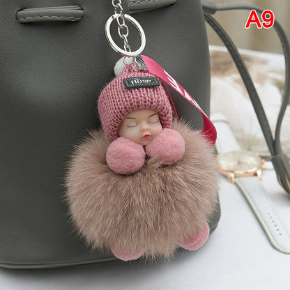 Baby Sleeping Plush Keychain with Knitted Hat and Love Strap – Cute Accessory for Bags and Keys