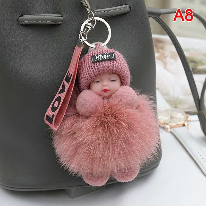 Baby Sleeping Plush Keychain with Knitted Hat and Love Strap – Cute Accessory for Bags and Keys