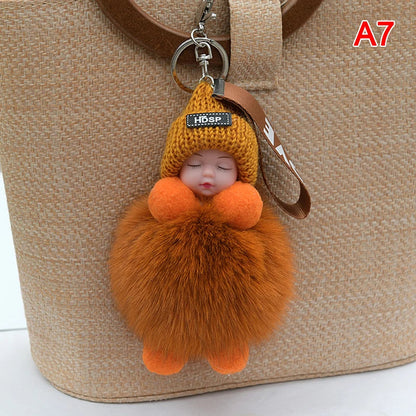 Baby Sleeping Plush Keychain with Knitted Hat and Love Strap – Cute Accessory for Bags and Keys