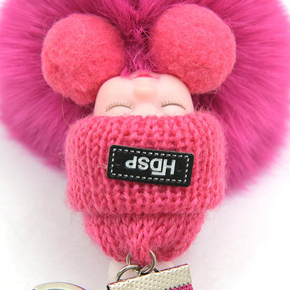Baby Sleeping Plush Keychain with Knitted Hat and Love Strap – Cute Accessory for Bags and Keys