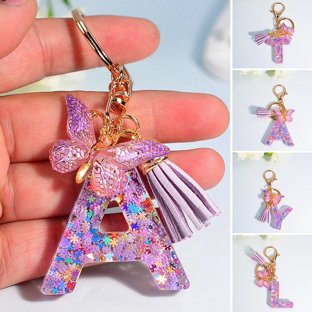 Porte Clés Personnalisé à Paillettes avec Charme Papillon et Gland – Accessoire Coloré pour Clés et Sacs