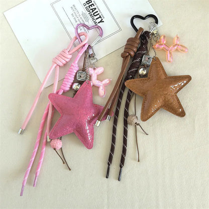 Personalized Leather Keychain with Star Pendant and Dachshund Charm – Trendy Y2K Accessory