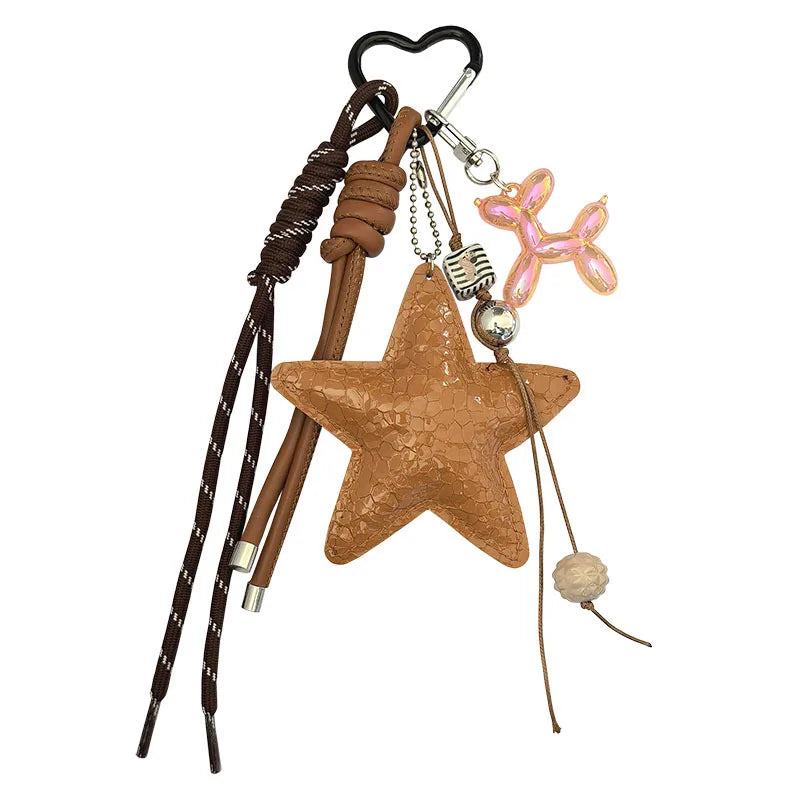 Personalized Leather Keychain with Star Pendant and Dachshund Charm – Trendy Y2K Accessory