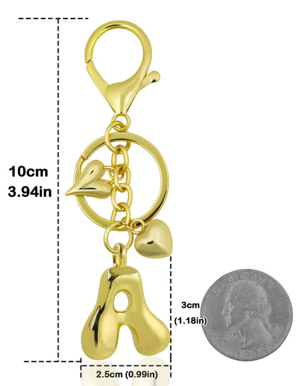 Personalized Keychain in Gold Metal with Letter and Heart Charm – Elegant Bag Accessory for Women