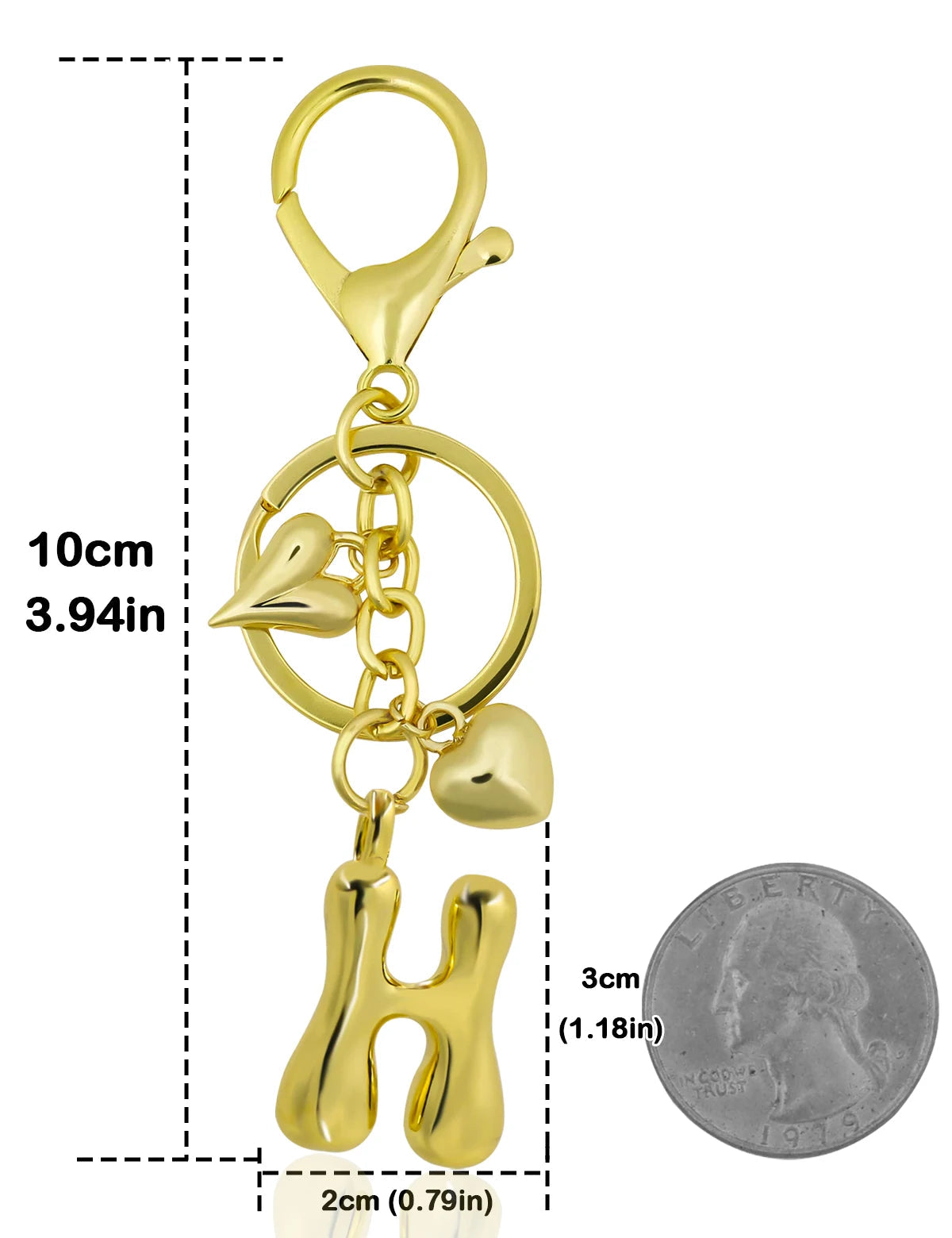 Personalized Keychain in Gold Metal with Letter and Heart Charm – Elegant Bag Accessory for Women