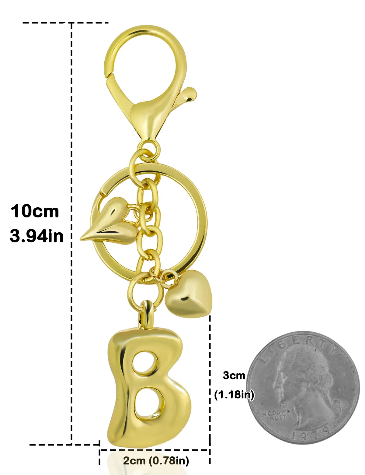 Personalized Keychain in Gold Metal with Letter and Heart Charm – Elegant Bag Accessory for Women