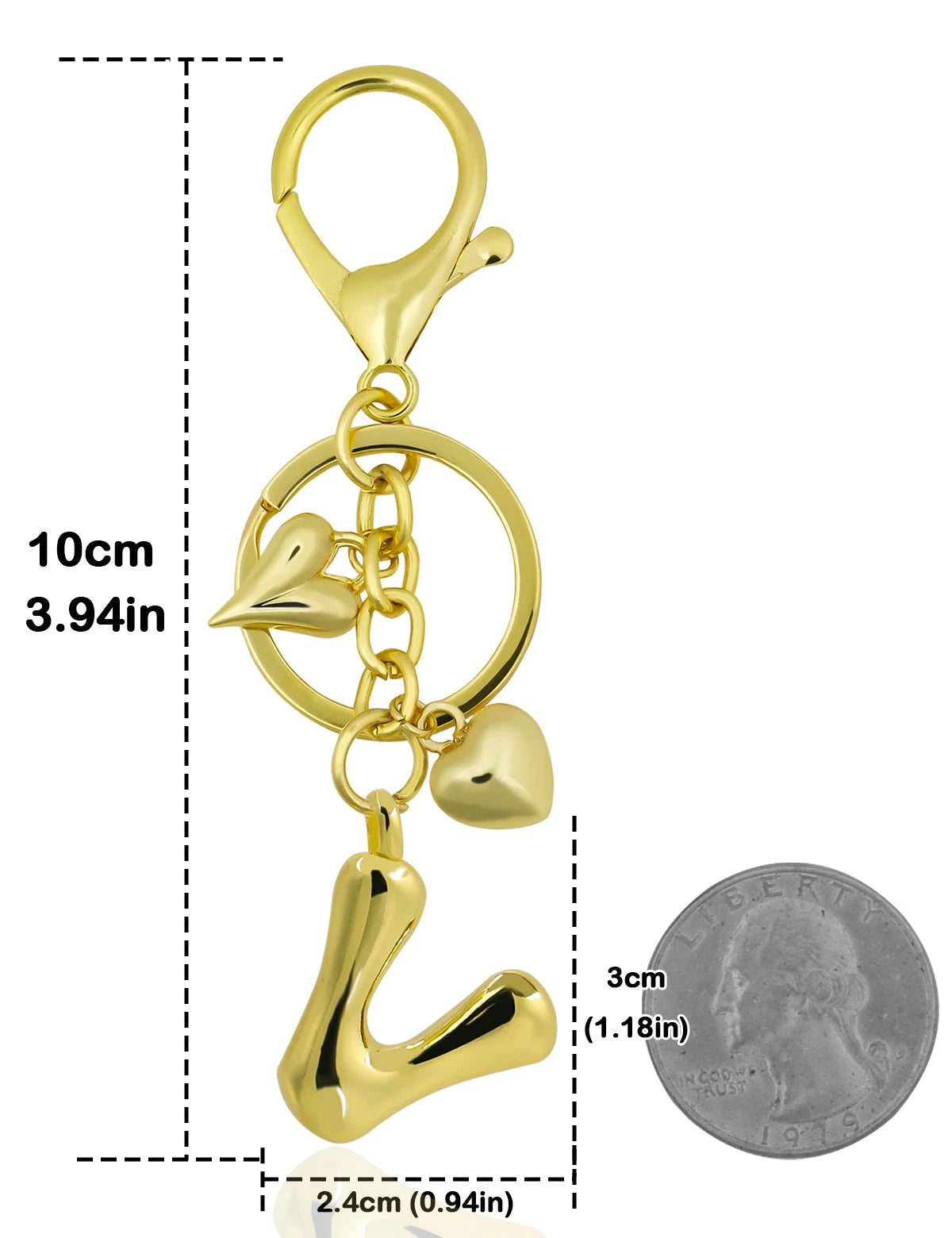 Personalized Keychain in Gold Metal with Letter and Heart Charm – Elegant Bag Accessory for Women
