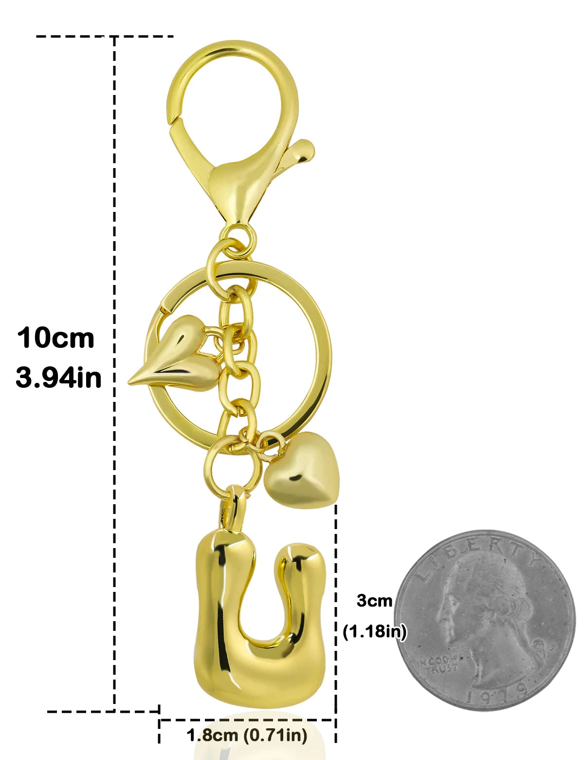 Personalized Keychain in Gold Metal with Letter and Heart Charm – Elegant Bag Accessory for Women