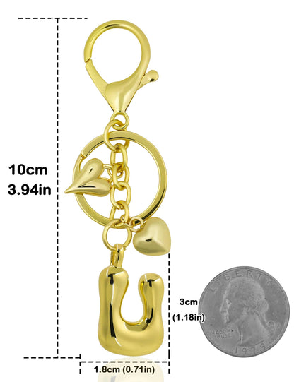 Personalized Keychain in Gold Metal with Letter and Heart Charm – Elegant Bag Accessory for Women