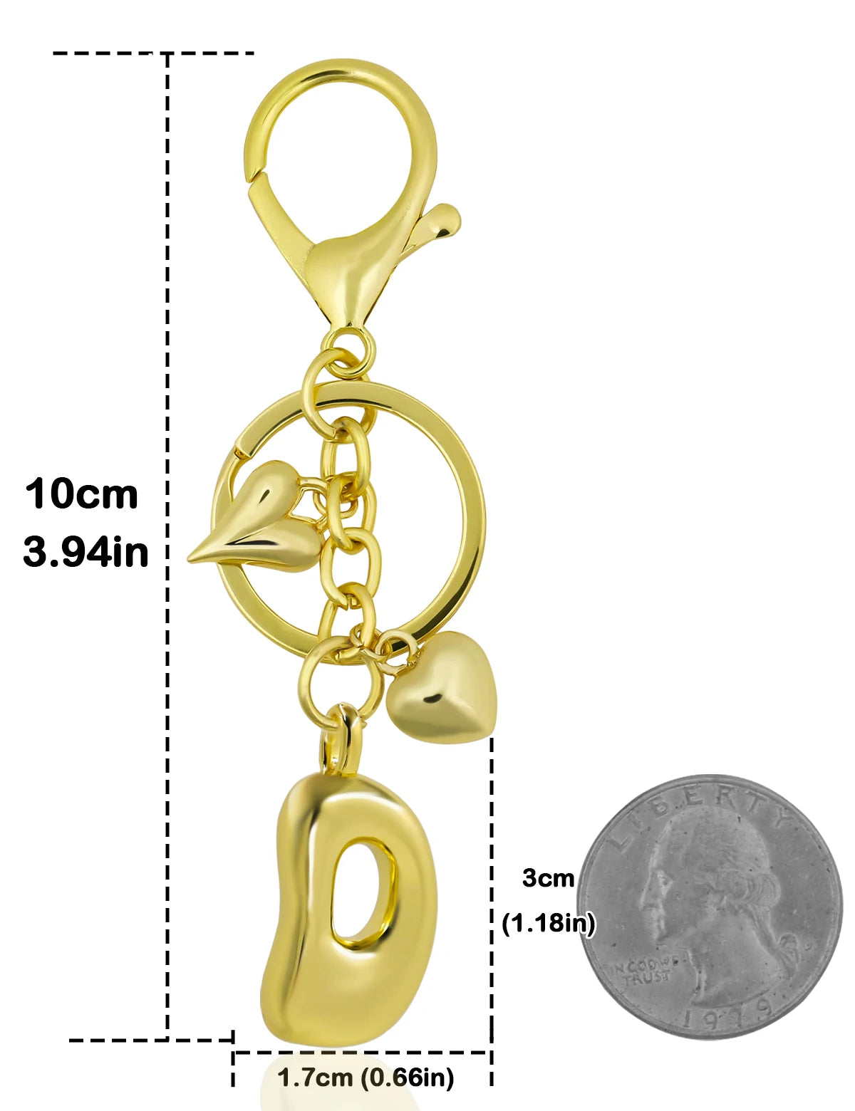 Personalized Keychain in Gold Metal with Letter and Heart Charm – Elegant Bag Accessory for Women