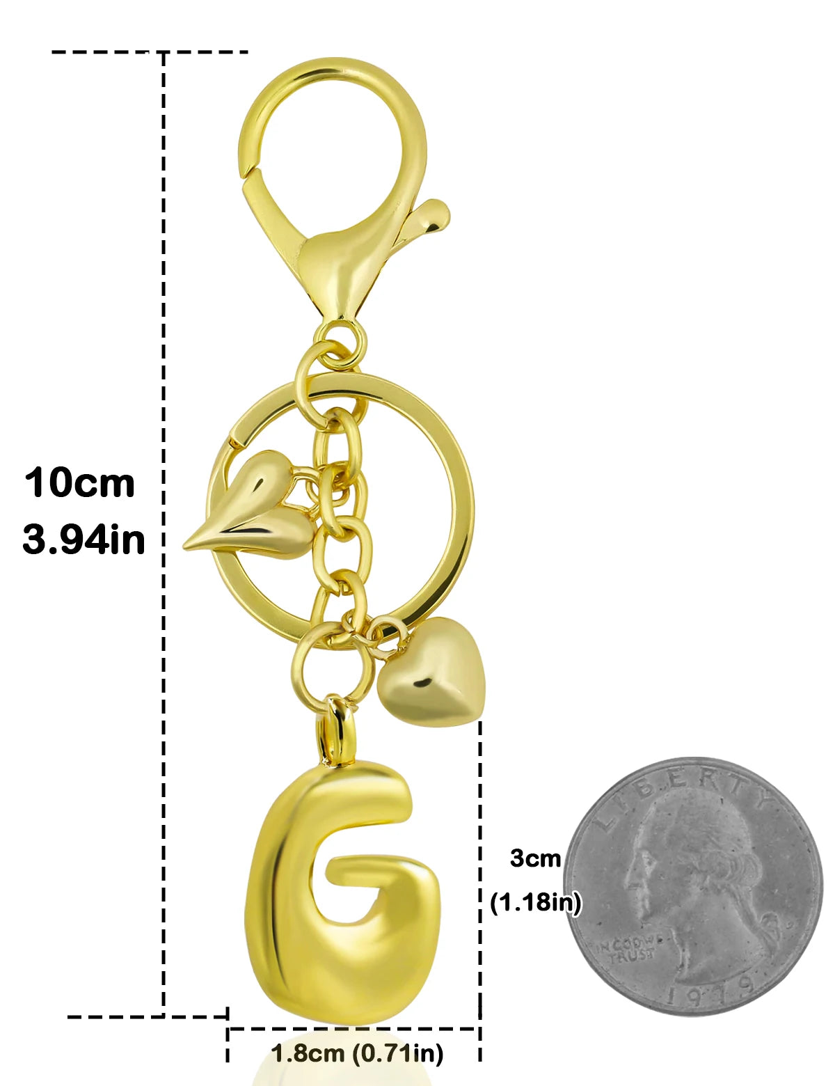 Personalized Keychain in Gold Metal with Letter and Heart Charm – Elegant Bag Accessory for Women