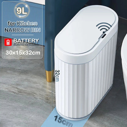 Automatic Sensor Trash Can 7-9 L Elegant for Bathroom and Kitchen – White Design with Gold Accents