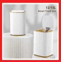Automatic Sensor Trash Can 7-9 L Elegant for Bathroom and Kitchen – White Design with Gold Accents