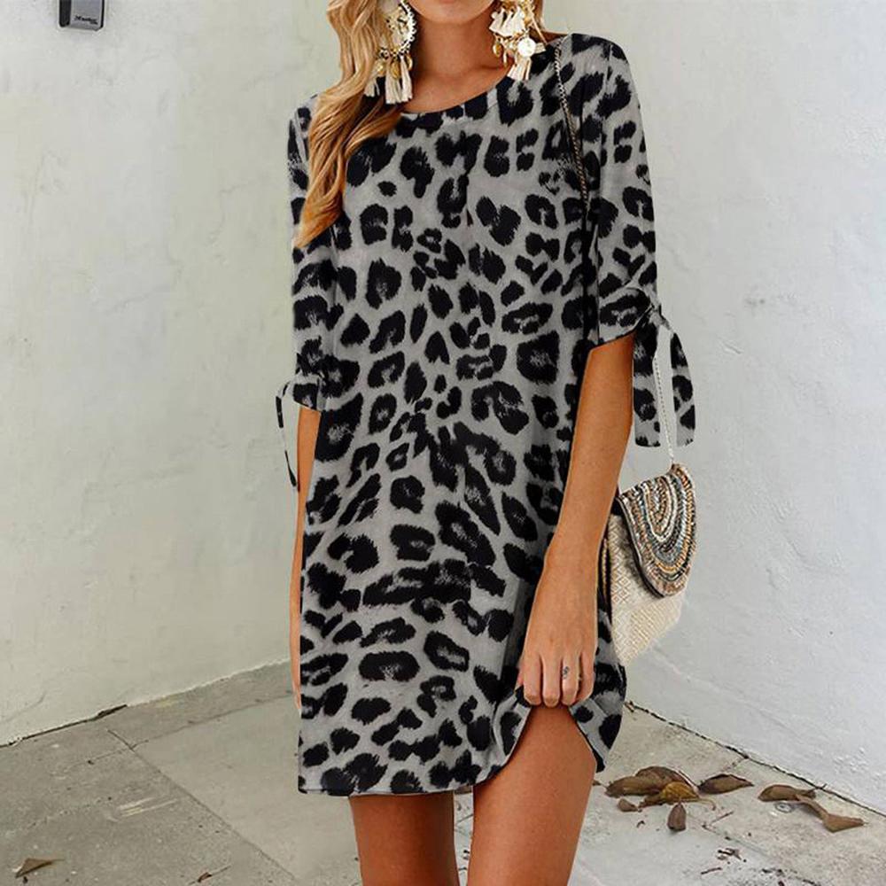 Mini Dress Women Leopard Print in Lightweight Polyester – Ideal for Spring and Summer, Round Neck, Comfortable and Chic