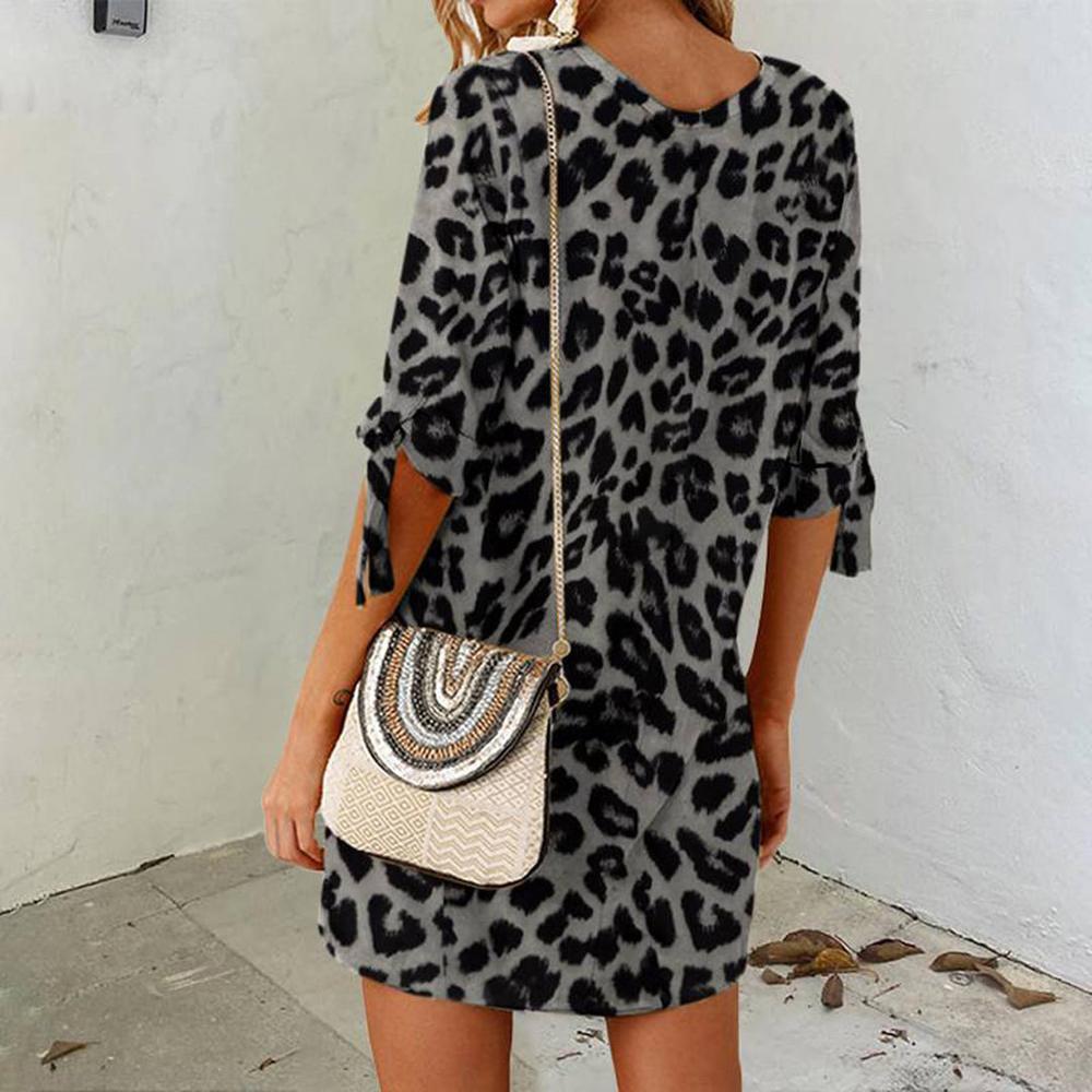 Mini Dress Women Leopard Print in Lightweight Polyester – Ideal for Spring and Summer, Round Neck, Comfortable and Chic