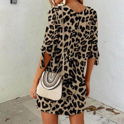Mini Dress Women Leopard Print in Lightweight Polyester – Ideal for Spring and Summer, Round Neck, Comfortable and Chic