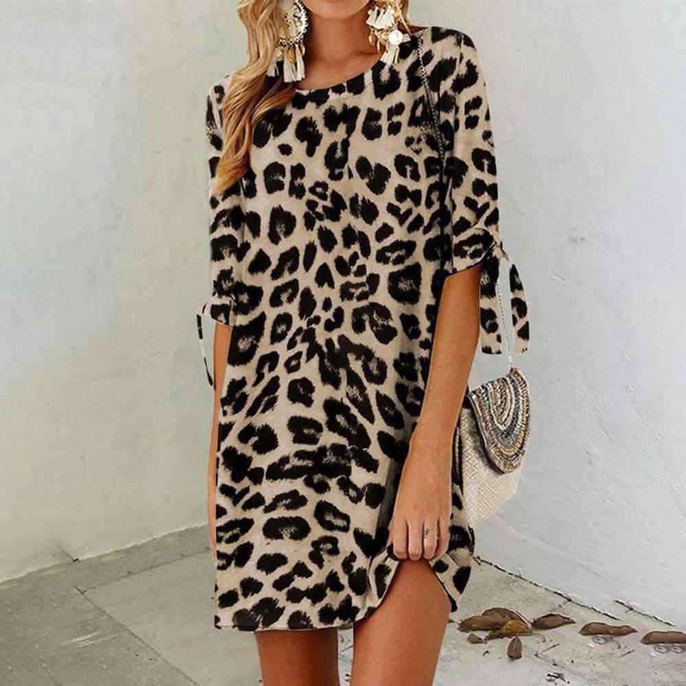 Mini Dress Women Leopard Print in Lightweight Polyester – Ideal for Spring and Summer, Round Neck, Comfortable and Chic