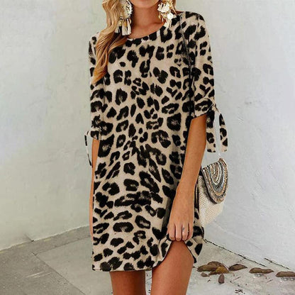 Mini Dress Women Leopard Print in Lightweight Polyester – Ideal for Spring and Summer, Round Neck, Comfortable and Chic