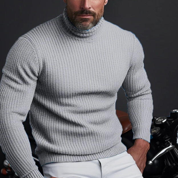 Pull Col Roulé Ajusté en Coton Côtelé pour Homme - Confort et Élégance