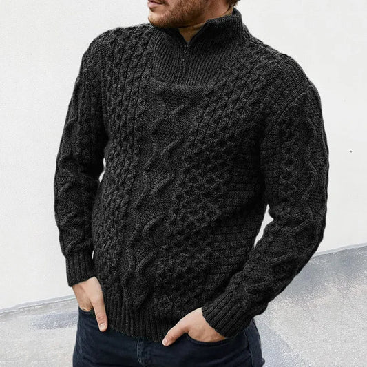 Half-Zip Pullover for Men in Blended Wool with Stand-Up Collar and Ribbed Cuffs