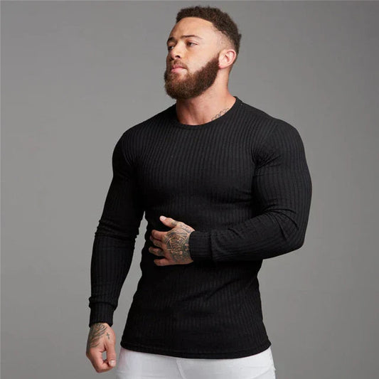 Men's Fitted Ribbed Cotton Sweater - Classic Round Neck for Cold Weather