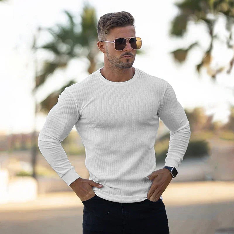 Pull Homme Ajusté en Coton Côtelé - Col Rond Classique pour Temps Froid