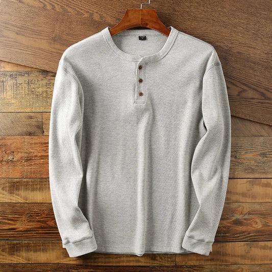 Men's Long Sleeve Henley Cotton Sweater - Waffle Knit, Comfortable Casual and Elegant