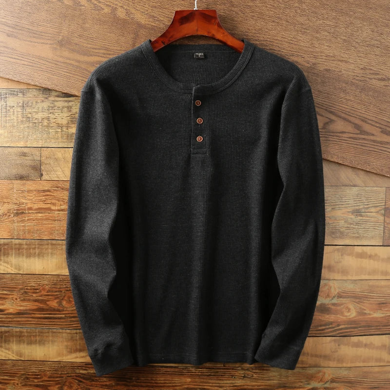 Pull Homme à Manches Longues Henley en Coton - Tricot Gaufré, Confort Décontracté et Élégant