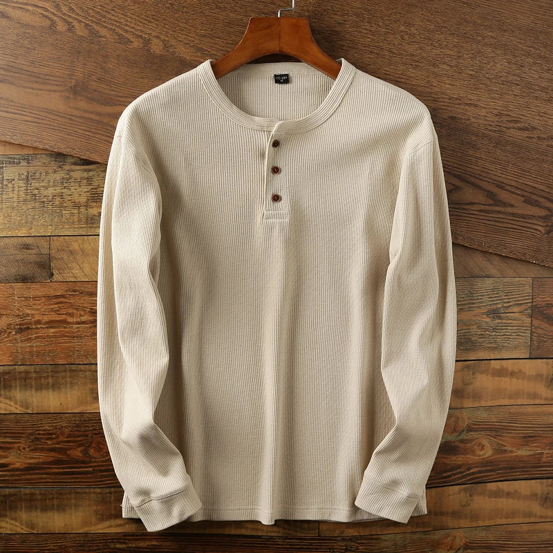 Men's Long Sleeve Henley Cotton Sweater - Waffle Knit, Comfortable Casual and Elegant