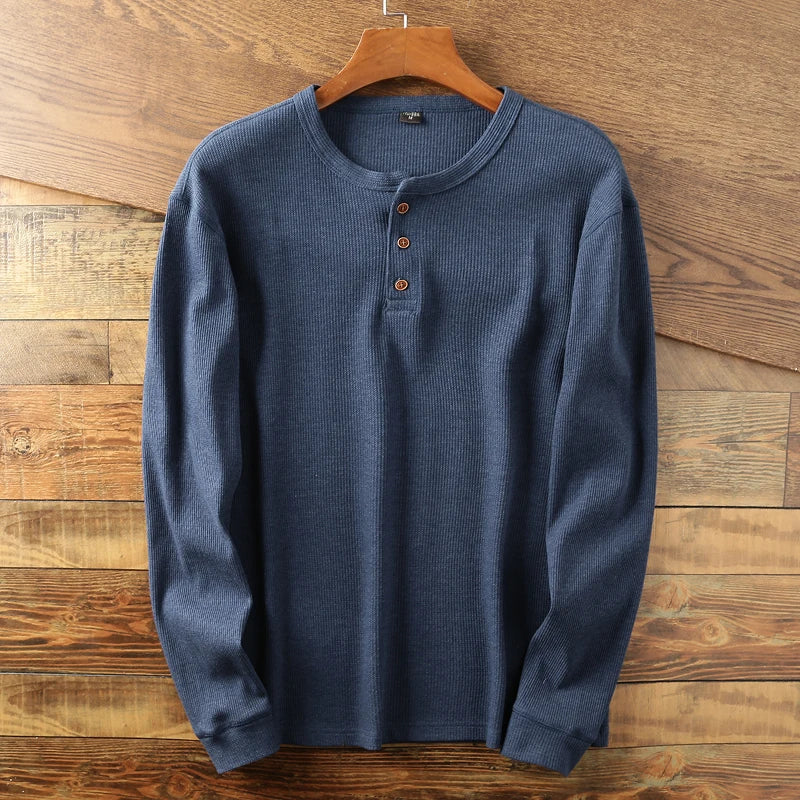 Pull Homme à Manches Longues Henley en Coton - Tricot Gaufré, Confort Décontracté et Élégant